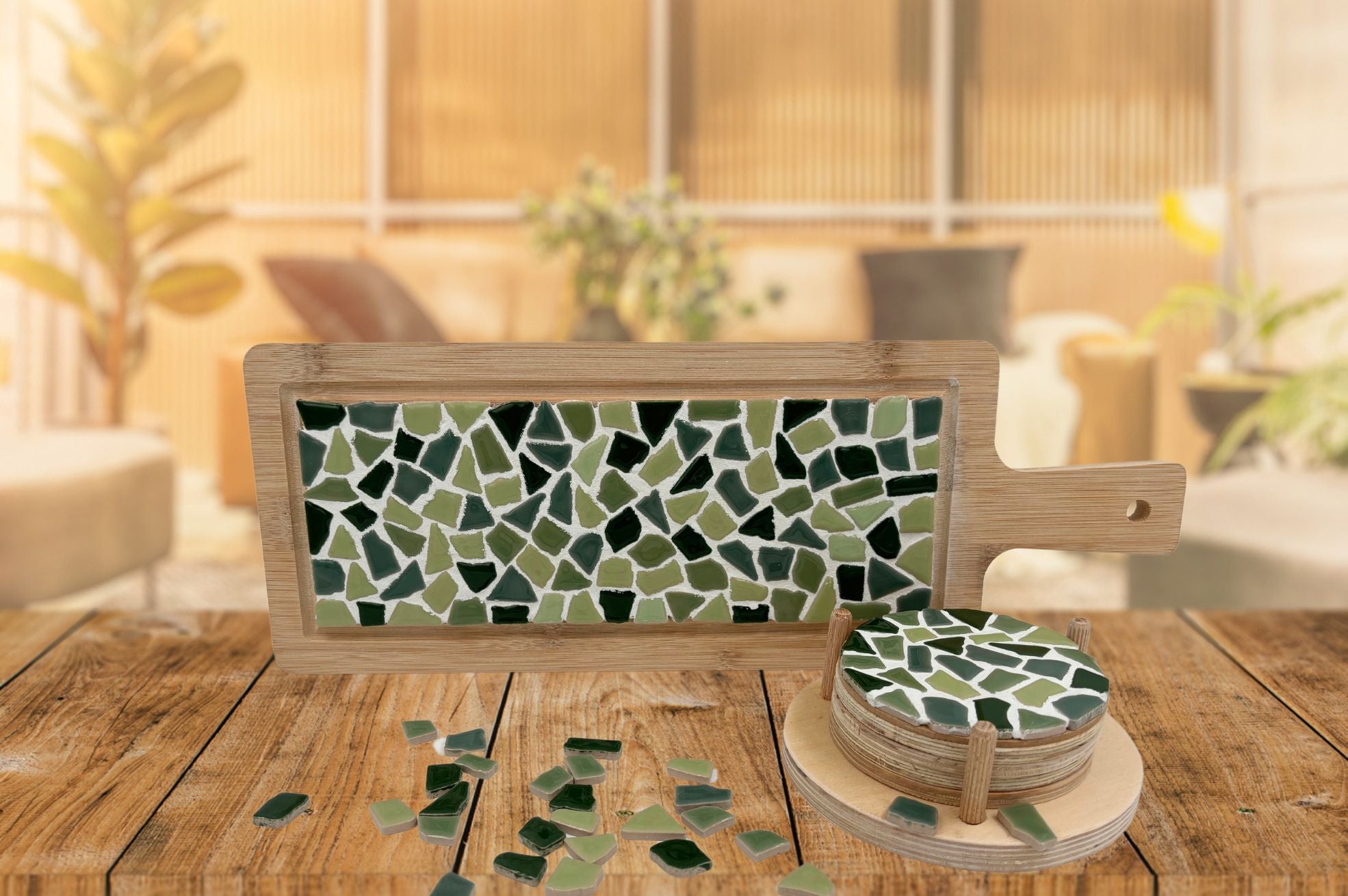 ZYNERY DIY Mosaik Untersetzer Set – 4 Hexagonale Bambus-Untersetzer Mit Mosaiksteinchen Zum Bekleben