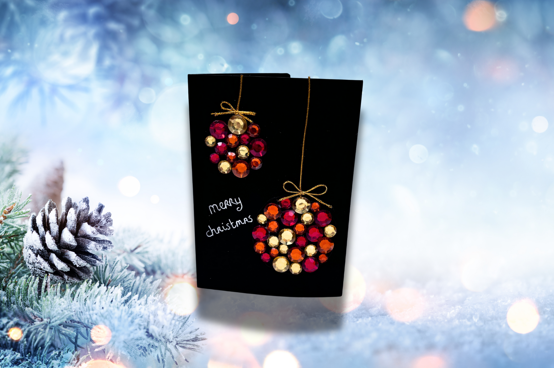 Weihnachtskart mit Weihnachtskugeln